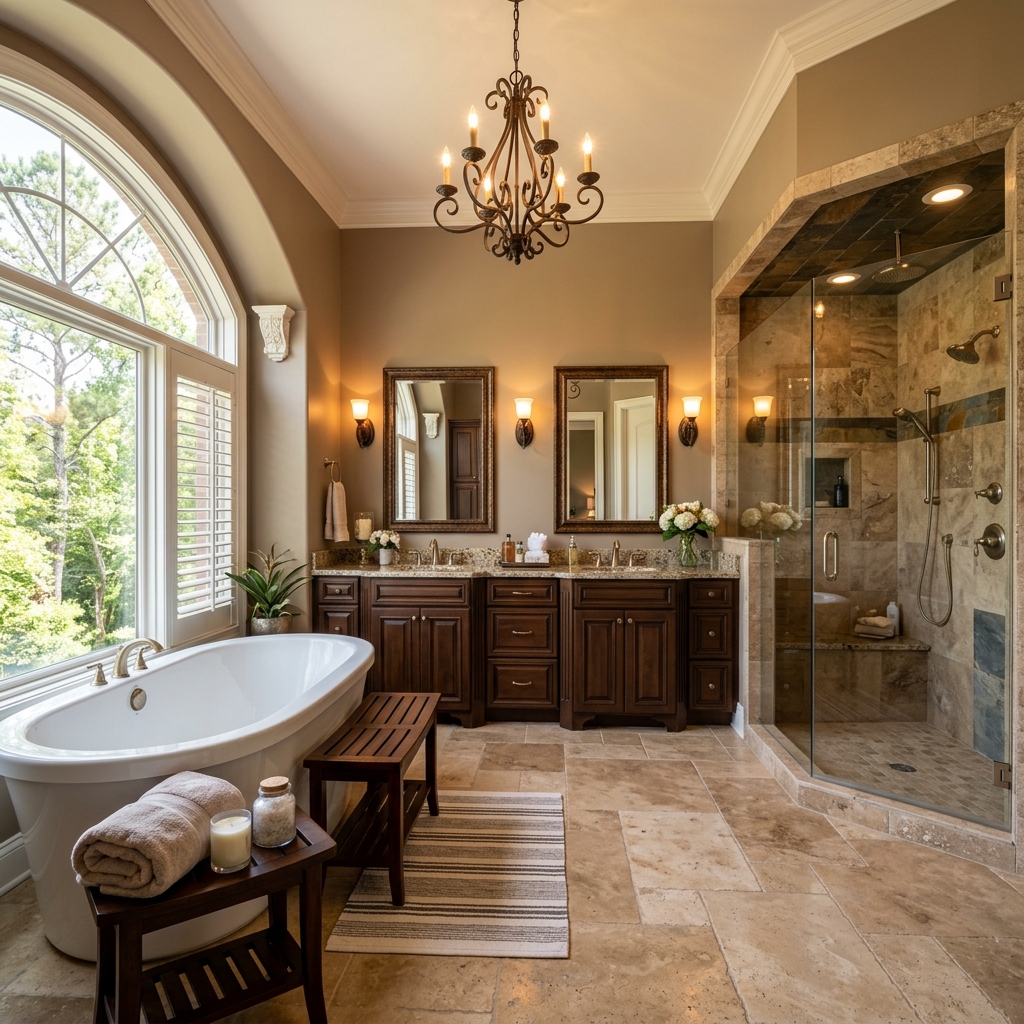 Luxury master bath with soaking tub, walk-in shower, and chandelier