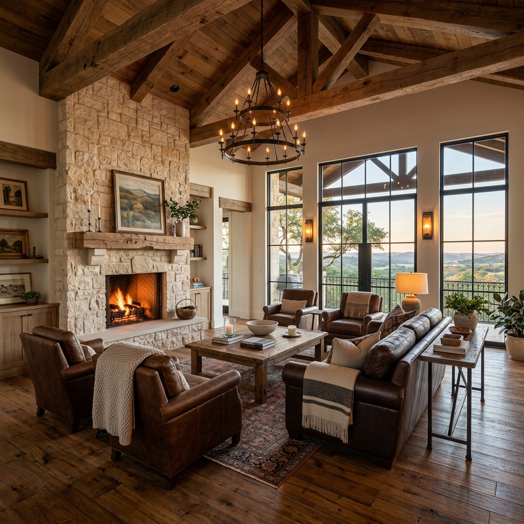 Great room with stone fireplace, vaulted beam ceiling, and Hill Country views