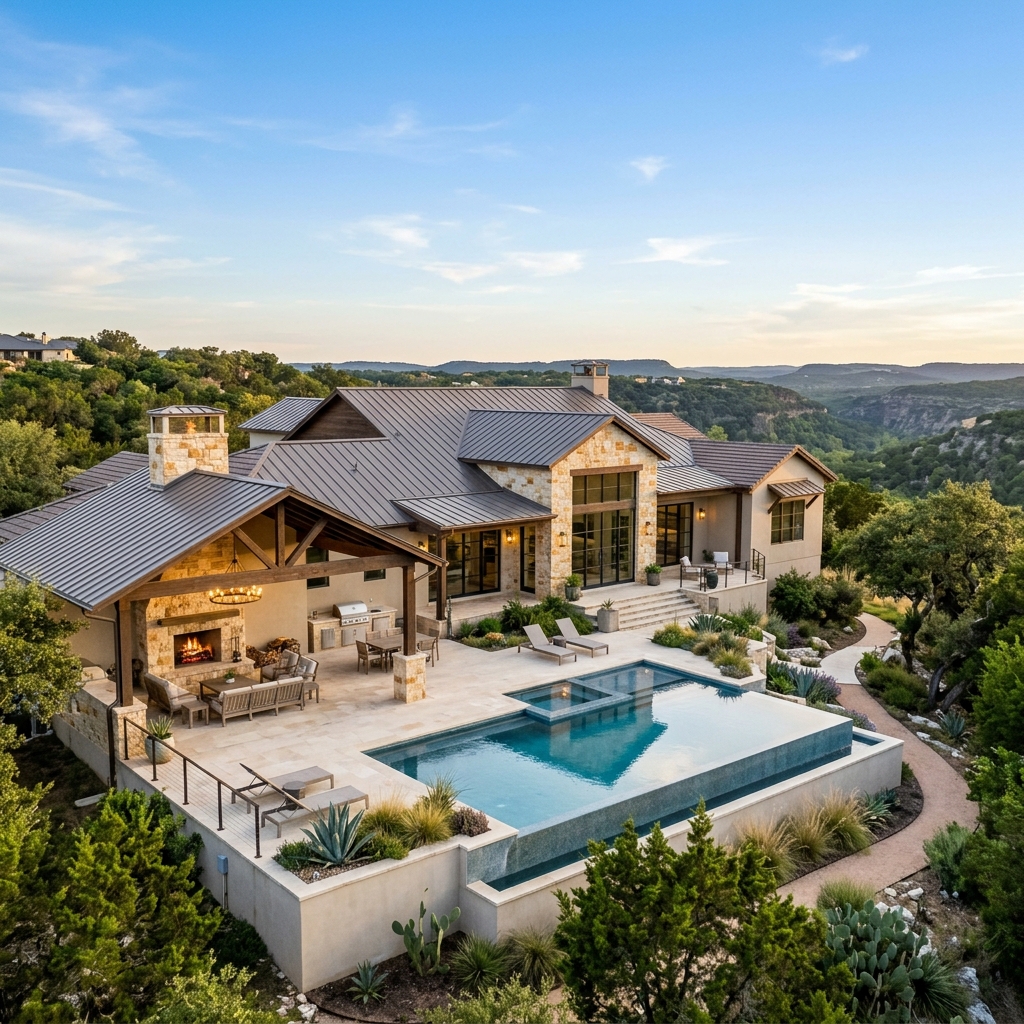 Custom home with pool, outdoor fireplace, and Hill Country panorama